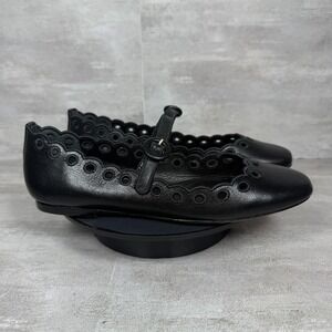 Larroude Black Leather Mary Jane Flats with Scalloped Eyelet Trim